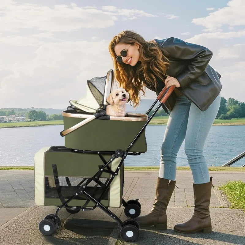 Double Pet Stroller for Dogs/Cats Dog Stroller Foldable Travel Carriage with Detachable Carriers Safety Belts 4 Lockable Wheels