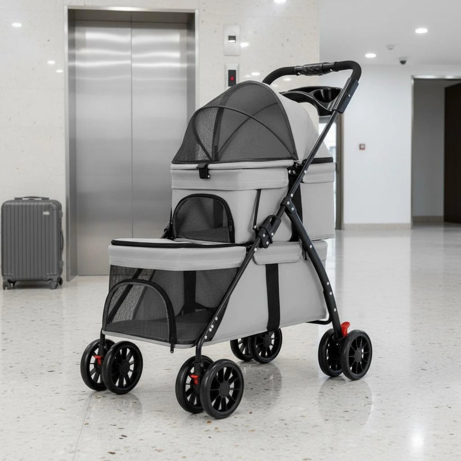 Double-Deck Pet Stroller Lightweight Small Dog Feline Stroller Pet Transport Lockable Wheels Removable Liner for Travel