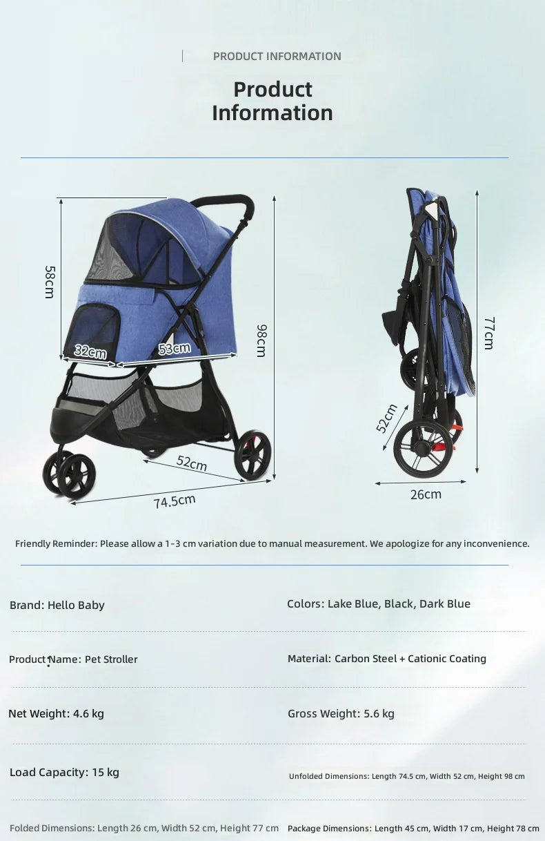 Pet Stroller Lightweight, 3-Wheel Dog Cat Carrier for Small to Medium Pets, Portable Travel Cart, Outdoor Walking