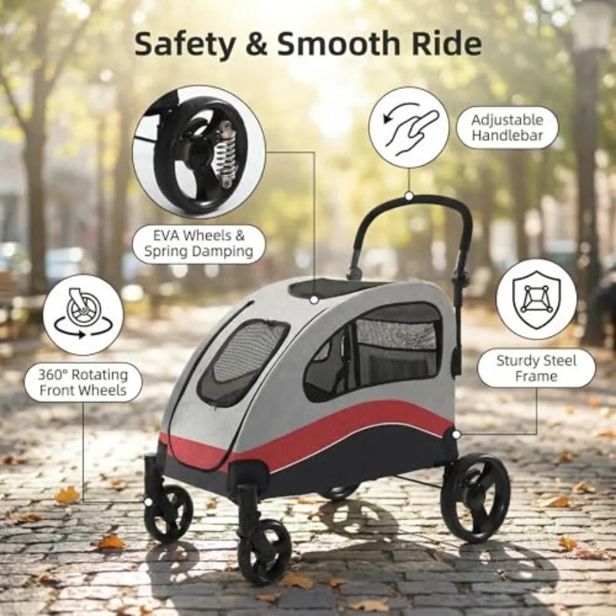 Dog Stroller for Large Dogs, Foldable Pet Stroller with Breathable Mesh, Smooth Wheels, Outdoor Travel Pet Carrier Cart