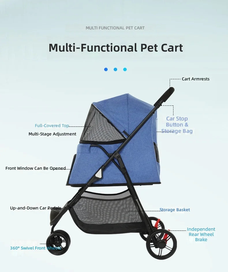 Pet Stroller Lightweight, 3-Wheel Dog Cat Carrier for Small to Medium Pets, Portable Travel Cart, Outdoor Walking
