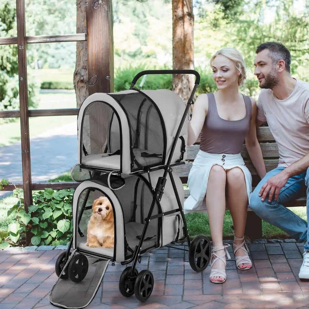 Double Dog Stroller, Foldable Pet Stroller for 2 Dogs amp Cats Small Medium Sized with Detachable Carrier on Wheels, Ideal for