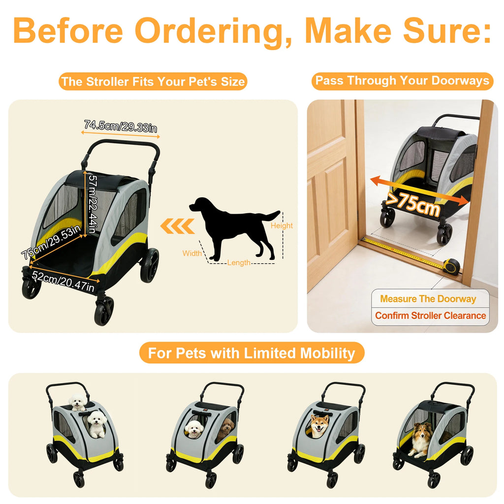 Premium Dog Stroller Pram 4 Wheel Foldable Cart Travel Walk Pet Jogger Wagon for Small Medium Large Dogs