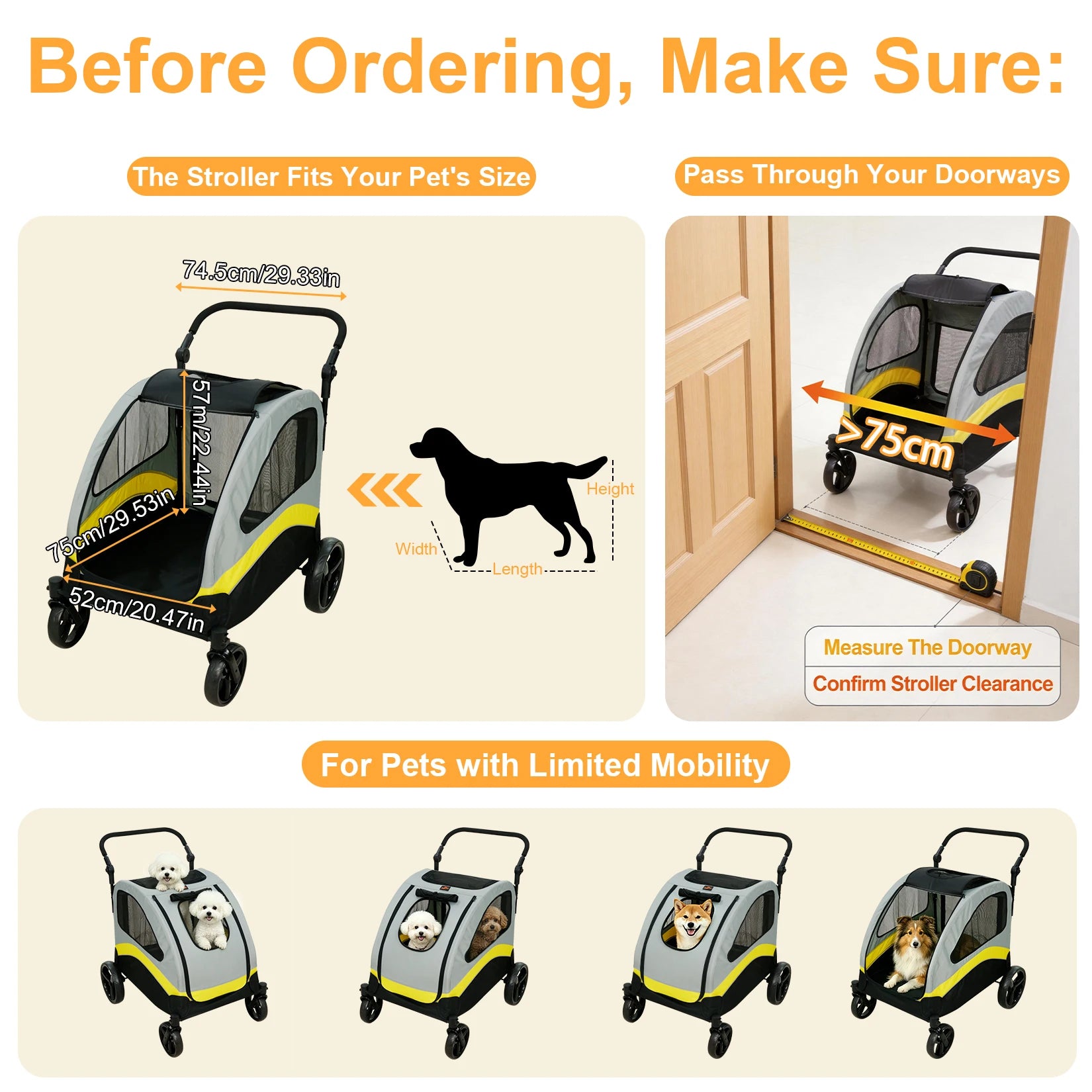 Premium Dog Stroller Pram 4 Wheel Foldable Cart Travel Walk Pet Jogger Wagon for Small Medium Large Dogs