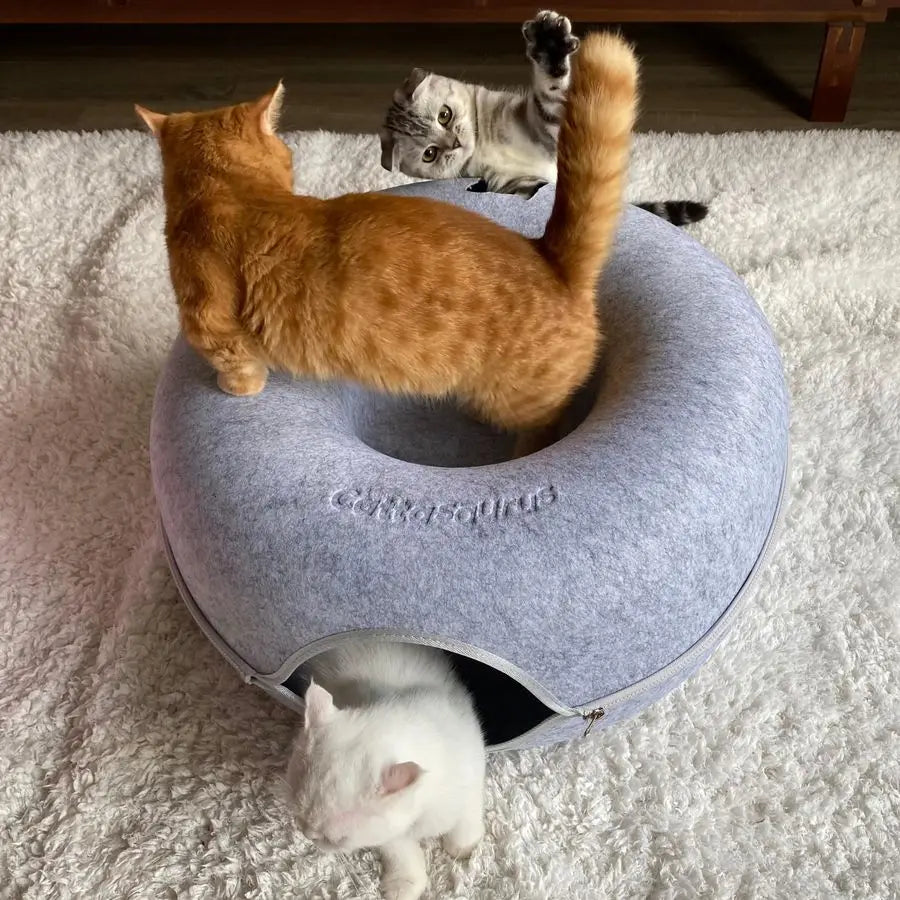 Peekaboo Cat Cave Donut Bed, 3-in-1 Self-Warming with Tunnel & Scratcher (Large Cats)