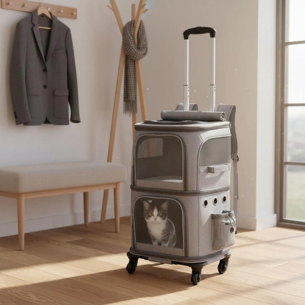 Double-Deck Pet Carrier Breathable Pet Trolley Bag Feline Travel Carrier Telescopic Handle Dog Travel Bag Side Pockets