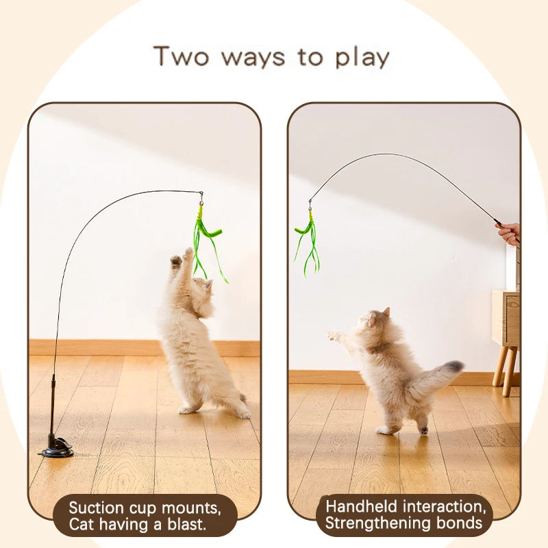 Suction Cup Dogtail Grass Cat Teaser Stick — Detachable Extended Rod Interactive Cat Toy