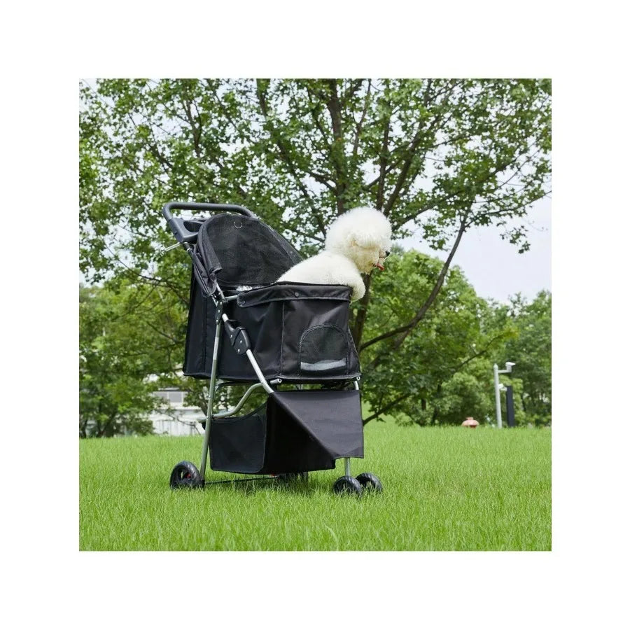 3 Wheels Pet Stroller, Cats And Dog Strollers With Storage Basket And Cup Holder, Breathable Mesh, Lightweight Travel Carrier