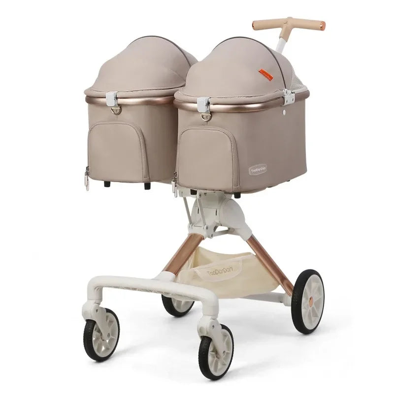 Cute Foldable Cat Stroller for 2 Cats 4 Wheels Outdoor Dual Cat Stroller Bag Detachable Dog Trolley Carrier Luxury Pet Products