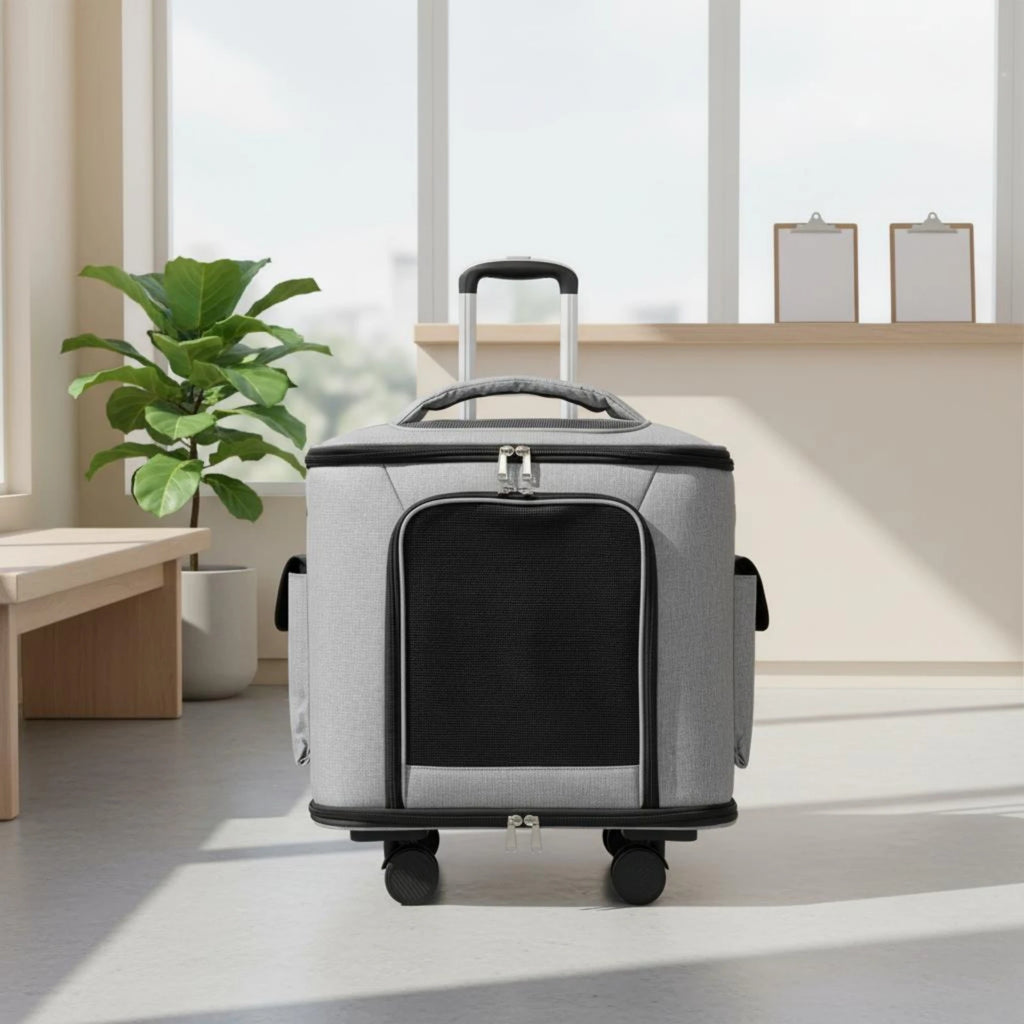 Rolling Pet Carrier Quiet Wheels Feline Carrier Suitcase Feline Travel Bag Multiple Carrying Options Easy to Clean for Outdoor