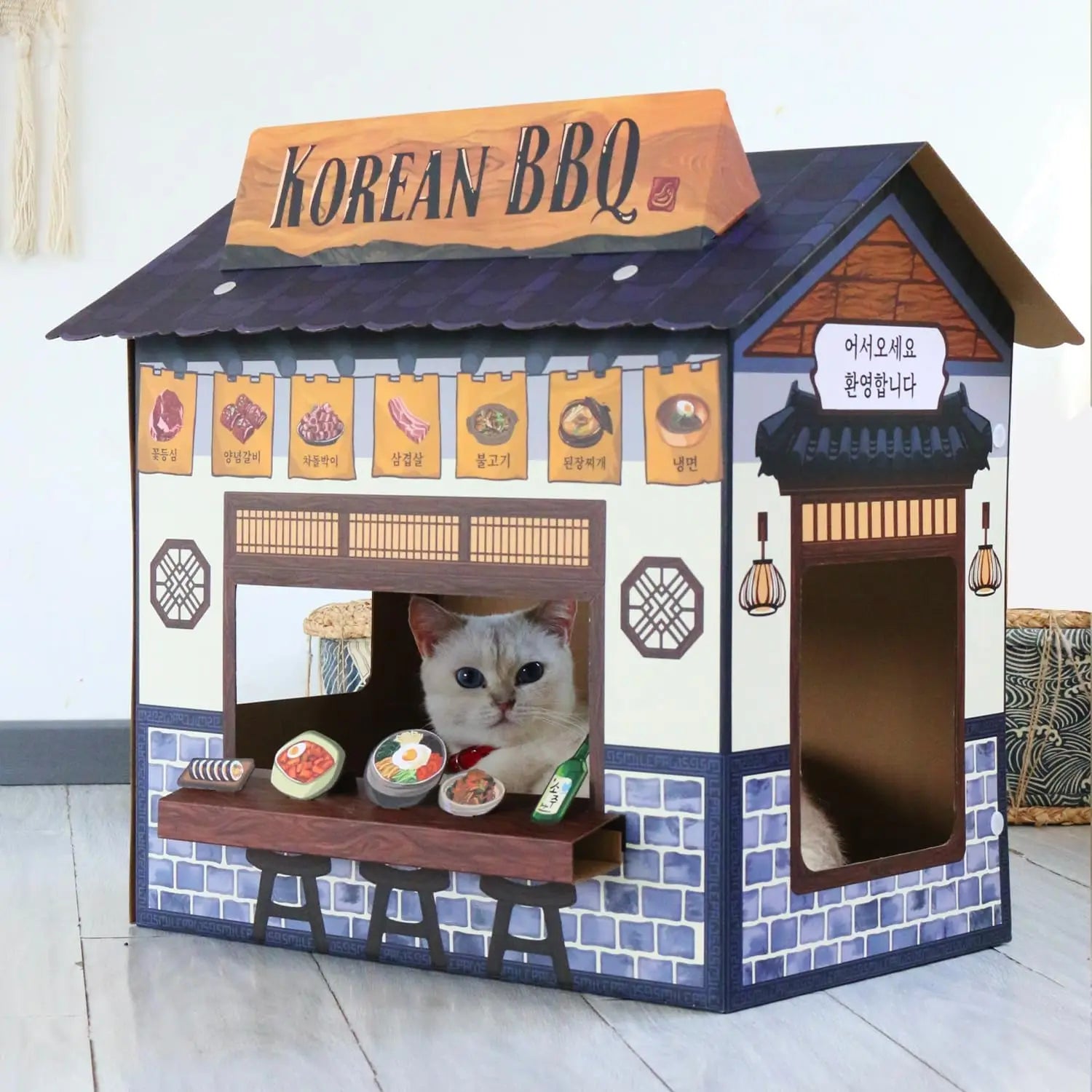 Large Cardboard Cat Cave House with Scratcher (Korean BBQ Design)