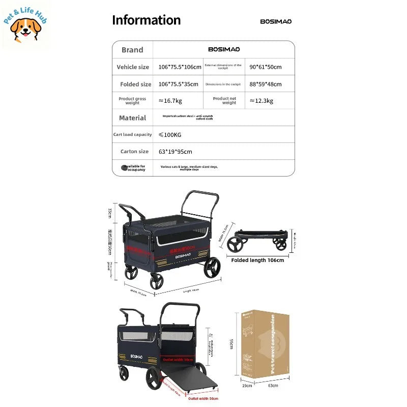 BOSIMAO Pet Strollers Large-sized dog travel portable and foldable cart for elderly and disabled dogs to go out pet carrier