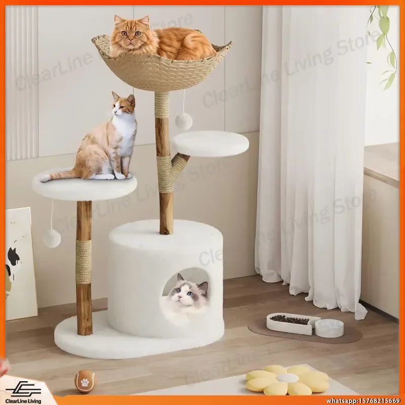 Real Wood Modern Cat Tree Tower with Wicker Condo & Scratching Post