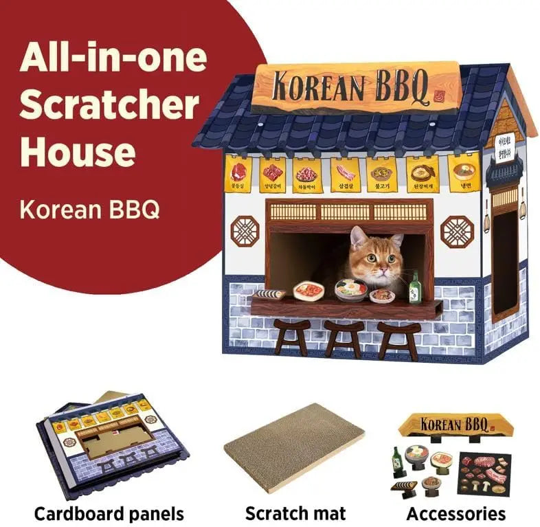 Large Cardboard Cat Cave House with Scratcher (Korean BBQ Design)