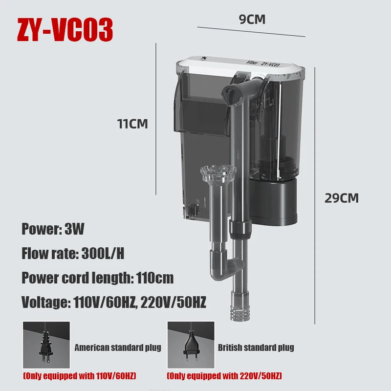 Wall-Mounted 3-in-1 Aquarium Waterfall Filter Pump (110V/220V, External Circulation, Oxygenation)