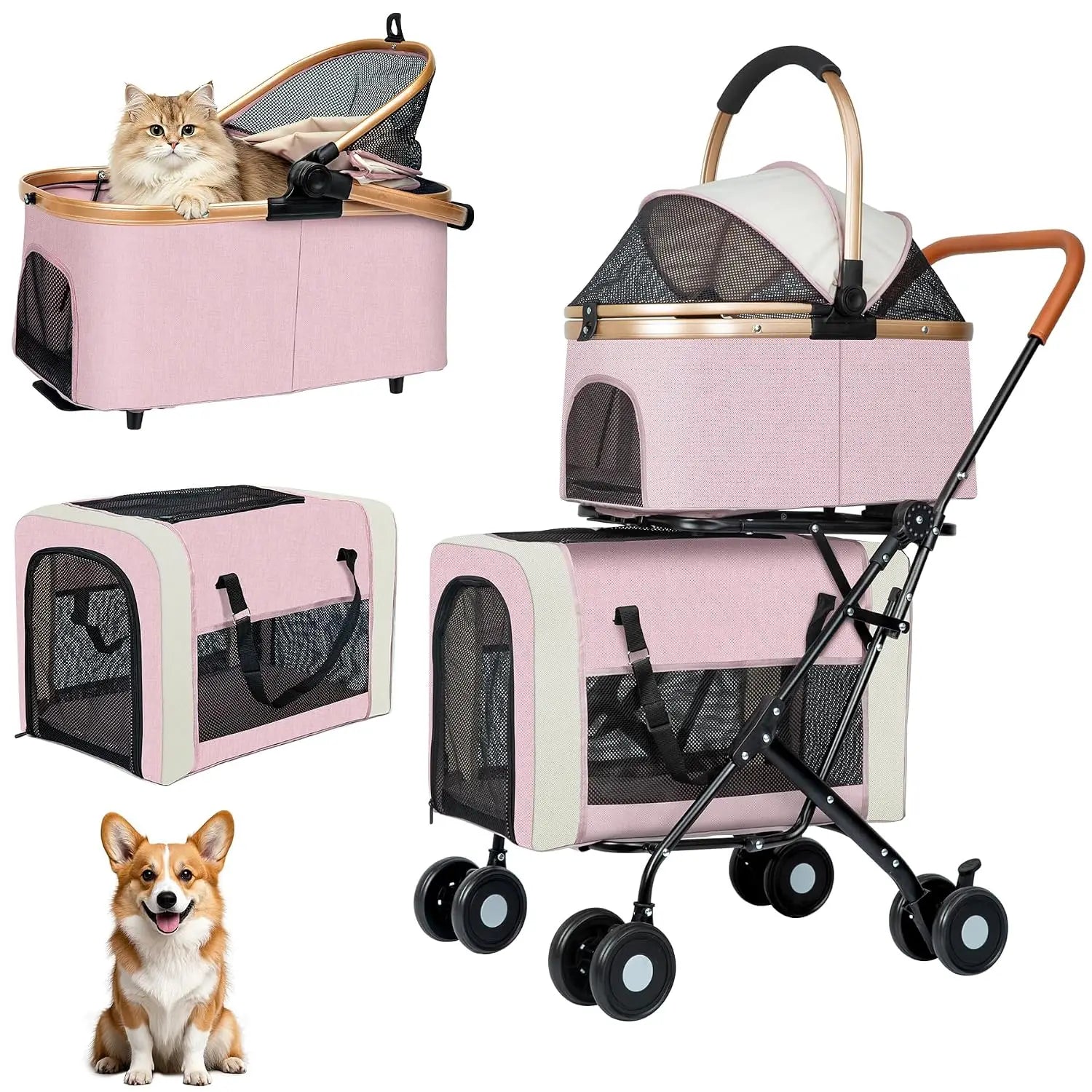 Double Pet Stroller for Dogs and Cats: Dog Stroller Foldable Travel Carriage with Detachable Carriers, Safety Belts, and 4 Locka
