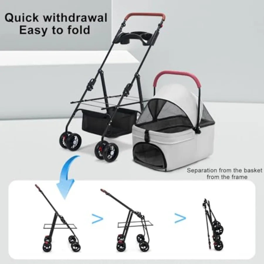 Pet Stroller for Medium Small Dogs/Cats - 4 Wheels Foldable Dog Stroller with Storage Basket, Dog/Cat Carrier, Adjustable Handl