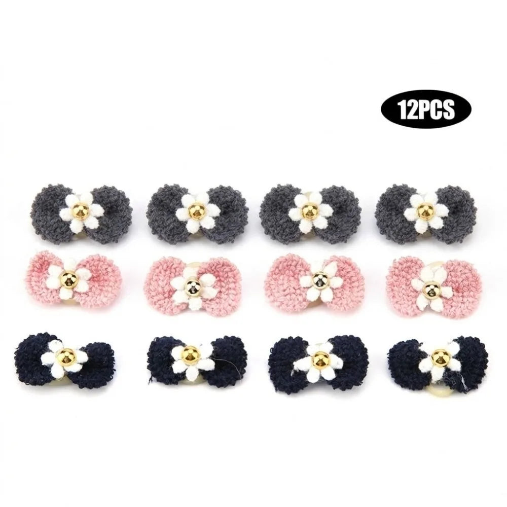 12Pcs Yarn Bow Pet Hair Bow Elastic Band Various Colors Pet Head Flower Cute Style Soft Texture Pet Hair Band Pet Grooming