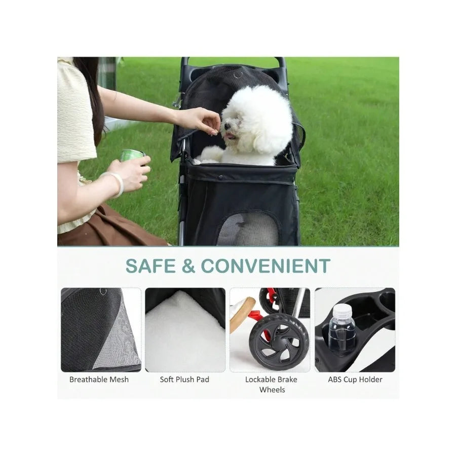 3 Wheels Pet Stroller, Cats And Dog Strollers With Storage Basket And Cup Holder, Breathable Mesh, Lightweight Travel Carrier
