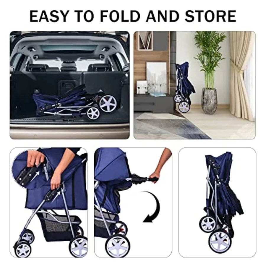 Pet Stroller 4 Wheels Multifunction Dog Cat Stroller Folding Portable Travel Stroller with Detachable Carrier Suitable for Medi
