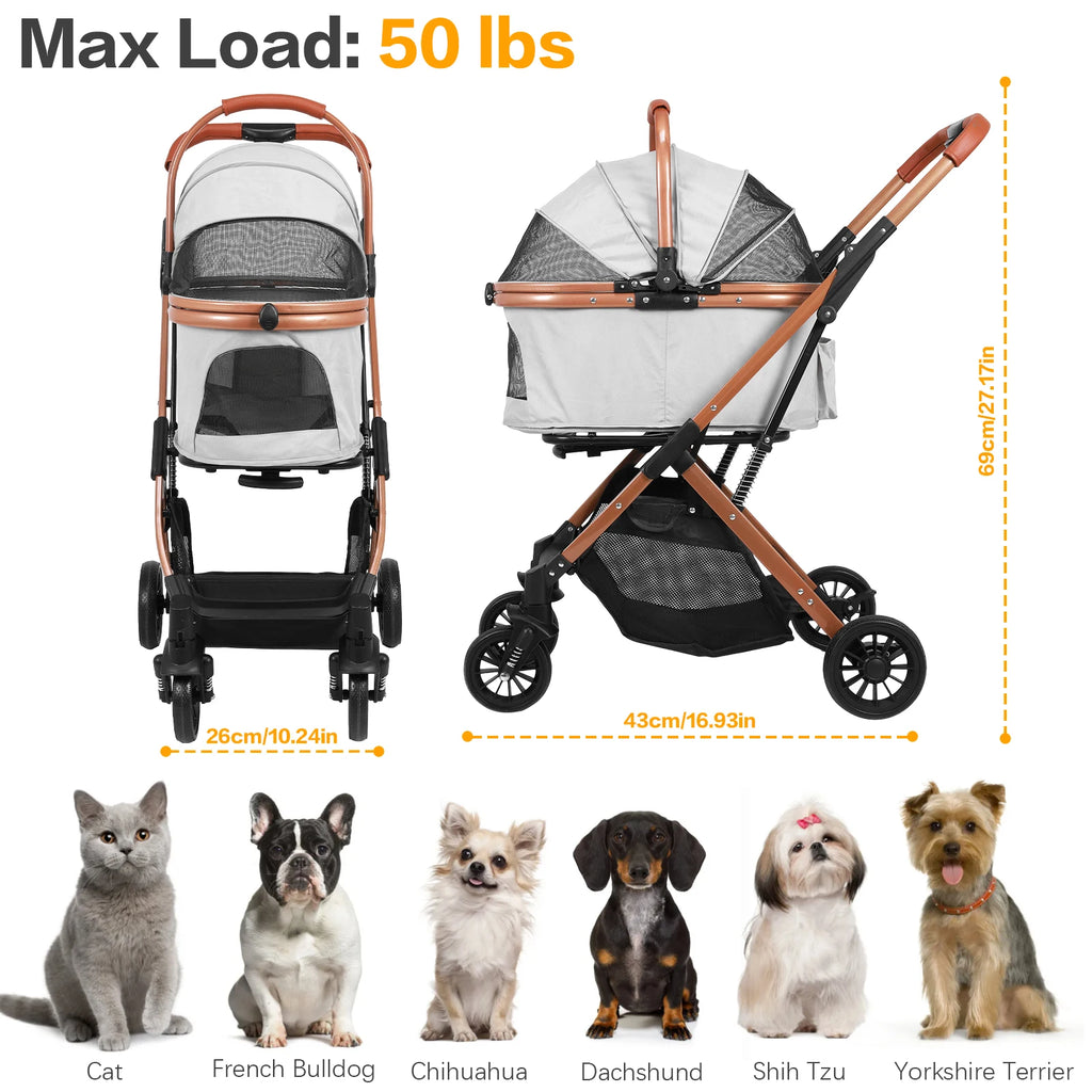 Folding Stroller All Terrain 4 Wheels Puppy Cage Jogger Stroller with Detachable Carrier with Sun Shades for Large & Medium Dogs