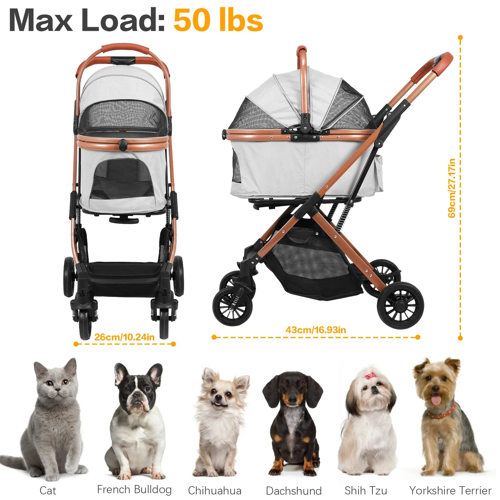 Folding Stroller All Terrain 4 Wheels Puppy Cage Jogger Stroller with Detachable Carrier with Sun Shades for Large & Medium Dogs
