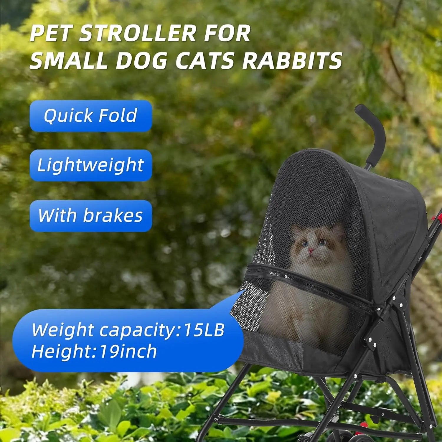 Pet Travel on All Road Surfaces with Oxford Cloth Material, Black, Foldable, Wide-View Window and Brakes