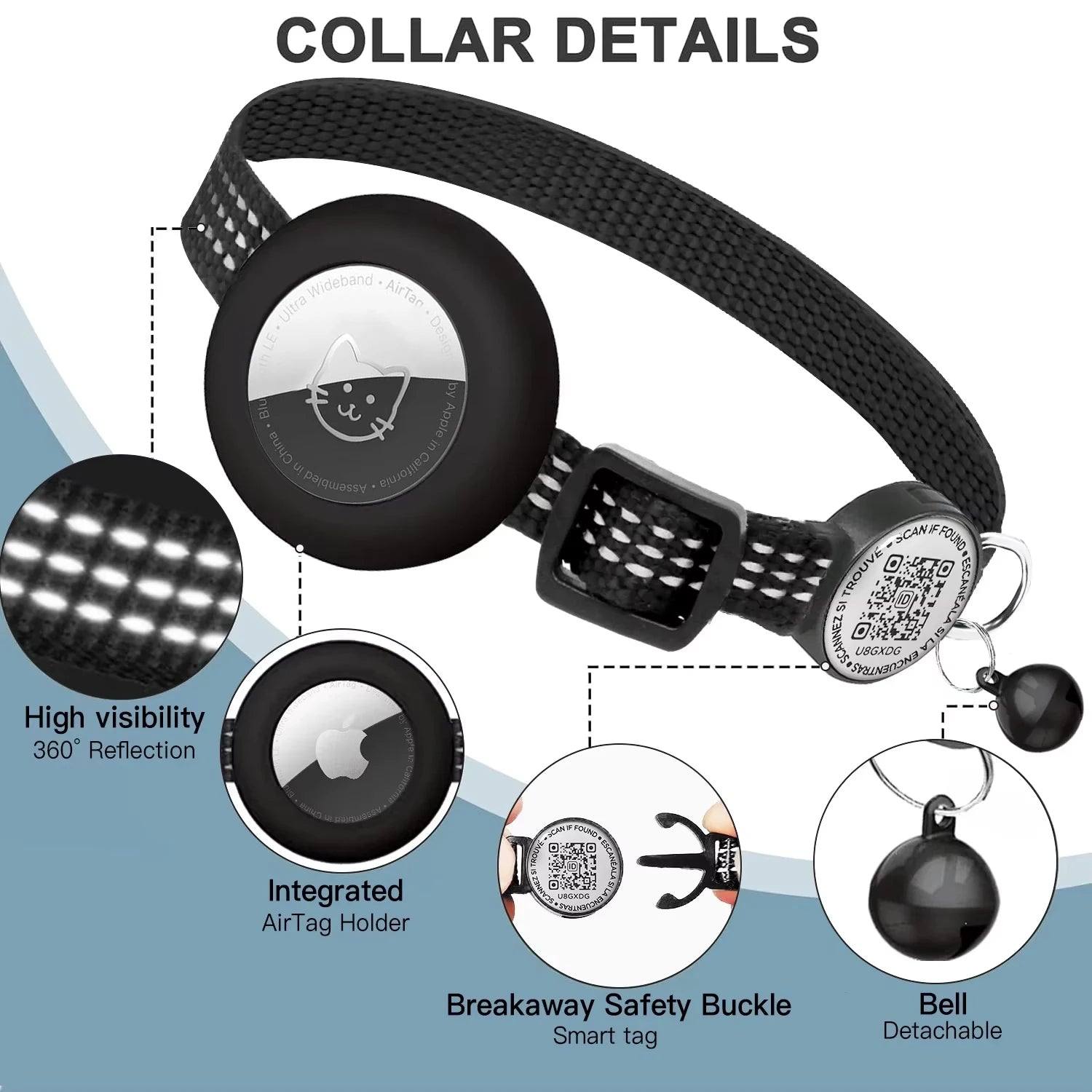 AirTag Cat Collar with Reflective Strip & QR Tag — Adjustable Kitten Collar with Air Tag Holder