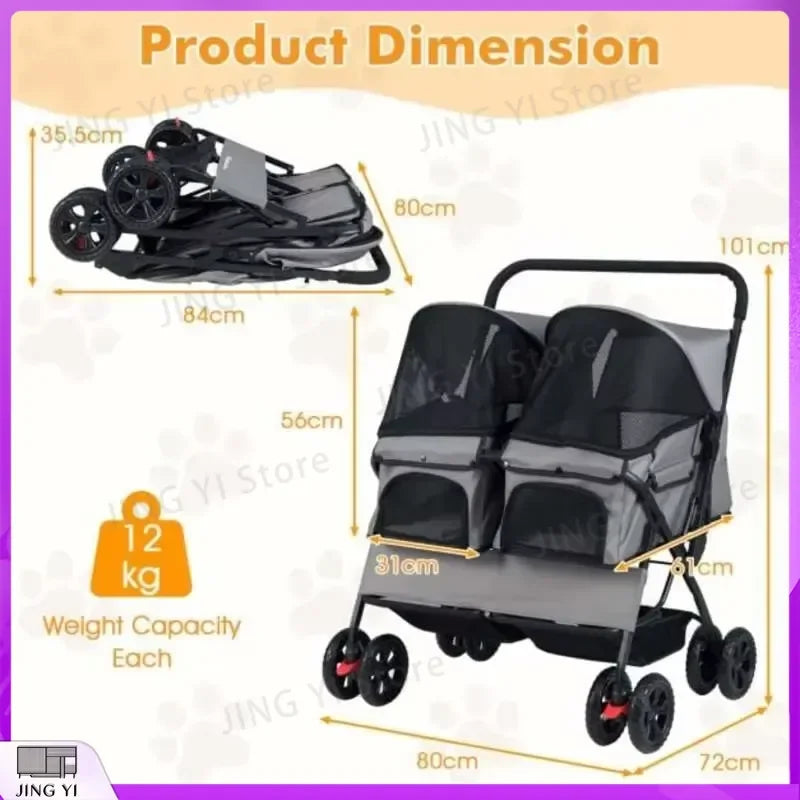 Foldable Double Pet Stroller with Adjustable Sunshade Storage Basket and Pet Travel Accessories for Dogs Cats Small Animals