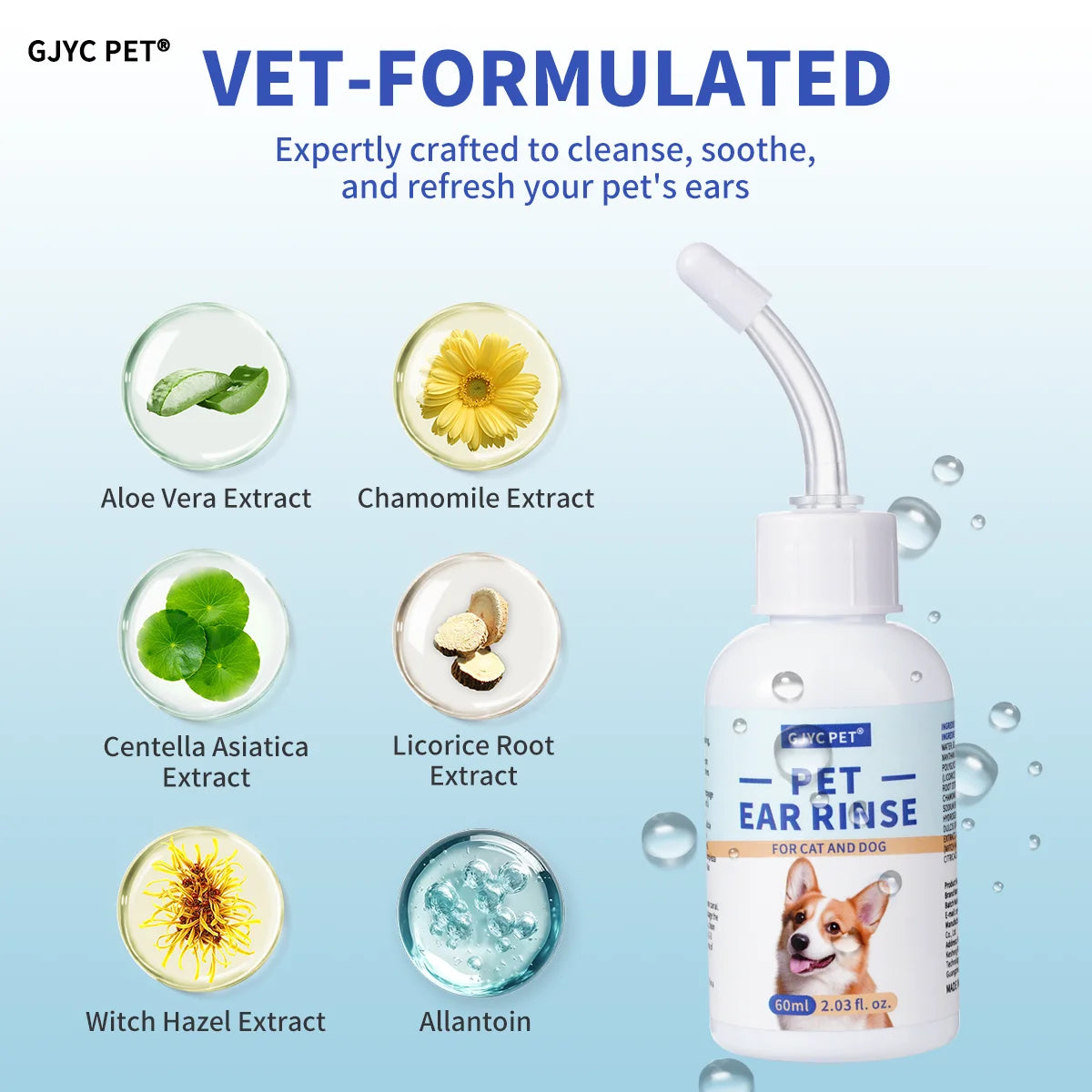 Pet Ear Cleaner Drops 60 ml Ultra-Soft Tip Non-Irritating Ear Wax Remover Deodorizing Soothing Gentle Ear Canal Hygiene Care