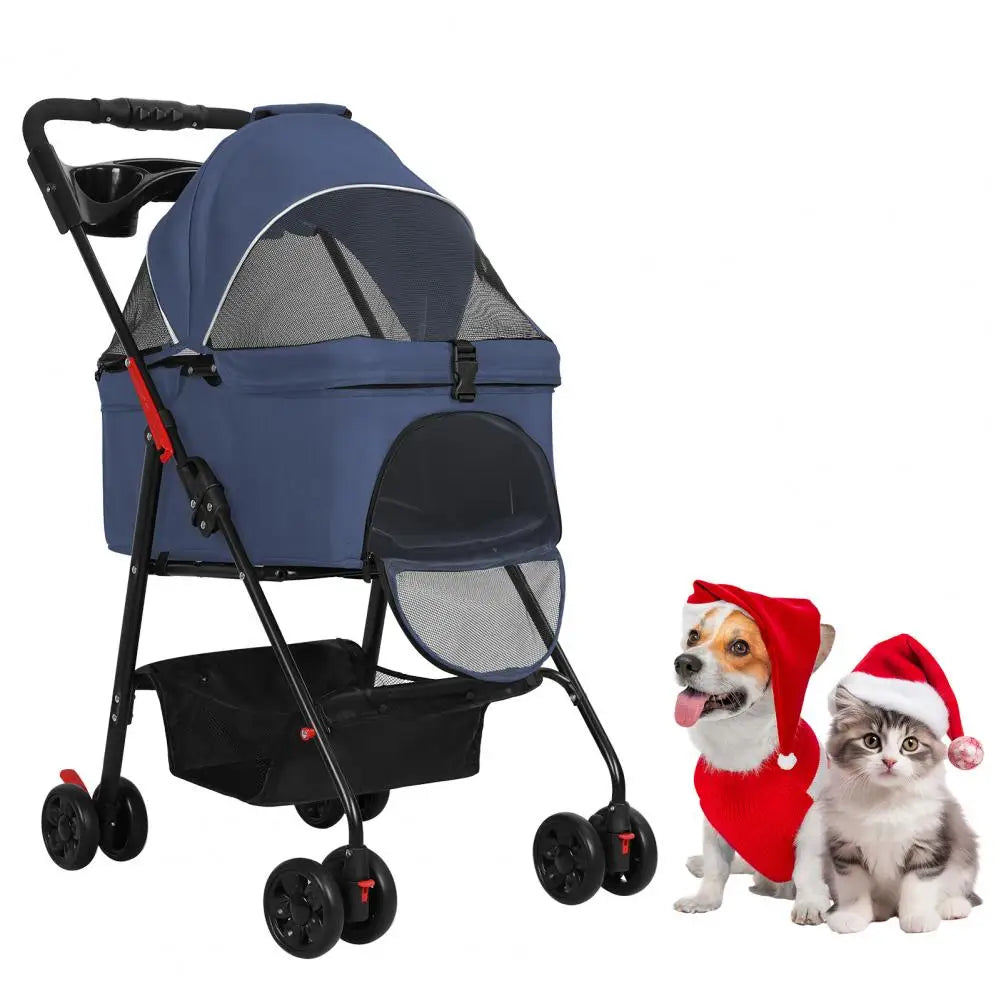 Foldable Pet Stroller, 4 Wheel Dog and Cat Stroller with Removable Carrier, Breathable Mesh Canopy, Storage Basket Cup Holder,