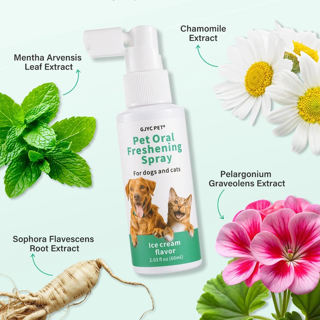 Pet Fresh Breath Spray No-Brush Oral Care Tartar Plaque Remover Plant-Based Gentle Non-Irritating for Dogs Cats Dental Hygiene