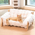 Elevated Wooden Cat Couch Bed with Removable Fluffy Cover