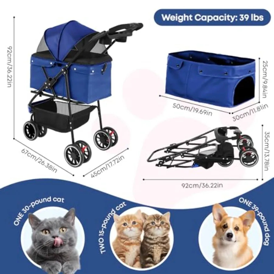 Pet Stroller, Dog Stroller for Small Medium Dogs Cats, 3 Wheels, Foldable, with Breathable Mesh Canopy, Cup Holders, Easy Assem