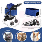 Pet Stroller, Dog Stroller for Small Medium Dogs Cats, 3 Wheels, Foldable, with Breathable Mesh Canopy, Cup Holders, Easy Assem