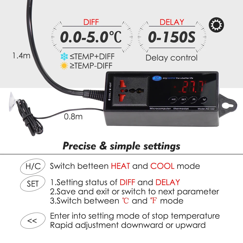 Digital LED Temperature Sensor Reptile Terrarium Thermostat Controller Outlet Thermostat Suction Cup for Aquarium Garden Plants