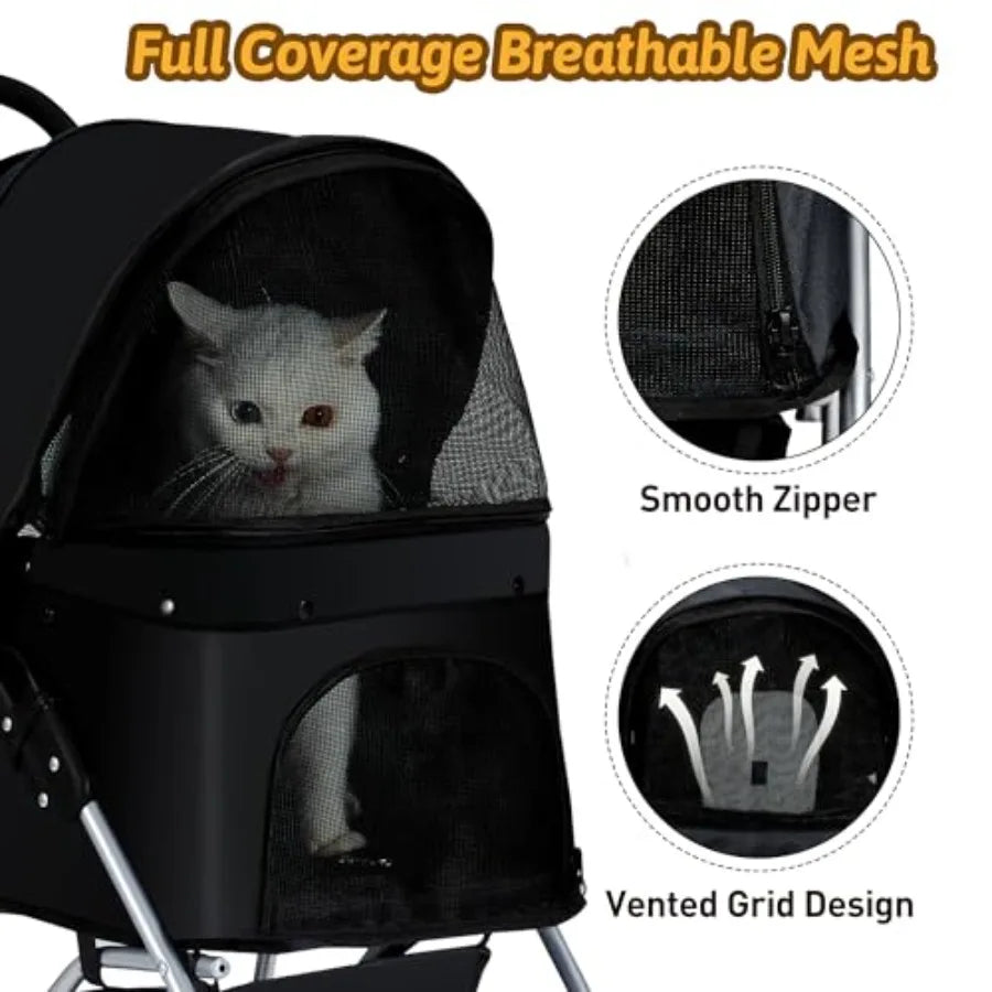 Pet Stroller, 4 Wheels Pet Strolling Cart for Medium/Small Dogs and Cats, Foldable Cat Jogger/Dog Stroller with Cup Holder, Sto
