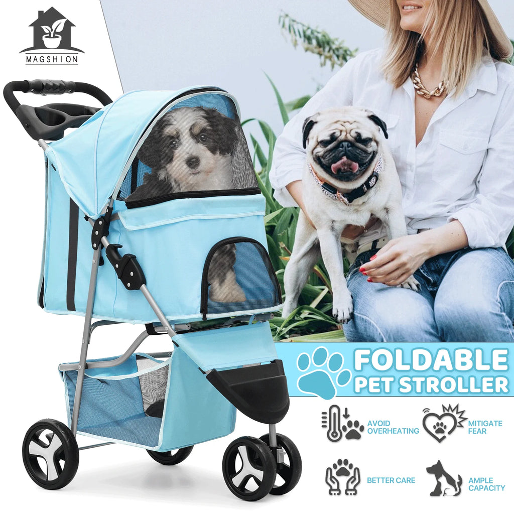 Magshion 3 Wheels Pet Dog Cat Stroller for Small Medium Dogs Cats, Foldable Jogger Stroller w/Storage Basket and Cup Holder