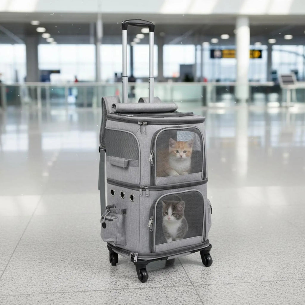 Double-Deck Pet Carrier Breathable Pet Trolley Bag Feline Travel Carrier Telescopic Handle Dog Travel Bag Side Pockets