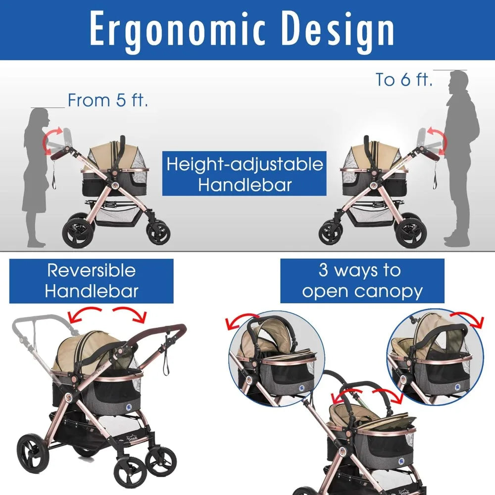Pet Rover Prime 3-in-1 Luxury Dog/Cat Stroller (Travel Carrier + Car Seat + Stroller) with Detach Carrier/Pump-Free Rubber Tire