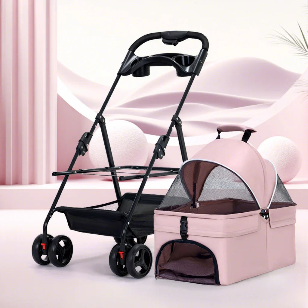 Dual-Side Zippered Doors Ultra-Breathable Mesh Panels One-hand Folding Detachable Pet Carrier Pet Stroller for Dogs and Cats