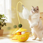 Long Rotating Feather Pole Cat Teaser with Bells & Catnip Treat Dispenser — Indoor Cat Exercise Toy