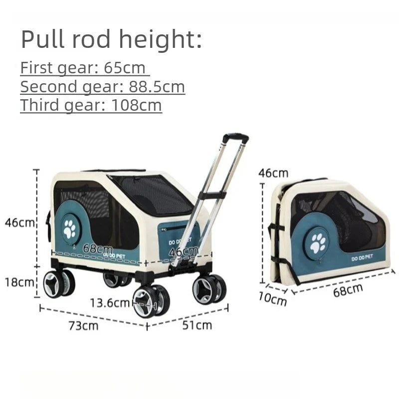 Pet Travel Luggage Cart with Folding Handlebar - Durable Oxford Fabric, Large Capacity, Breathable Mesh, Quiet Wheels
