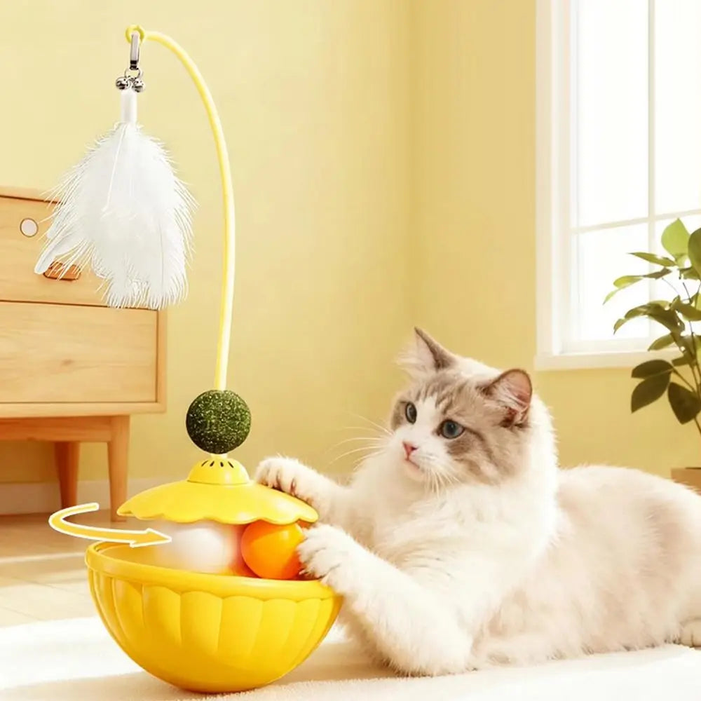 Long Rotating Feather Pole Cat Teaser with Bells & Catnip Treat Dispenser — Indoor Cat Exercise Toy