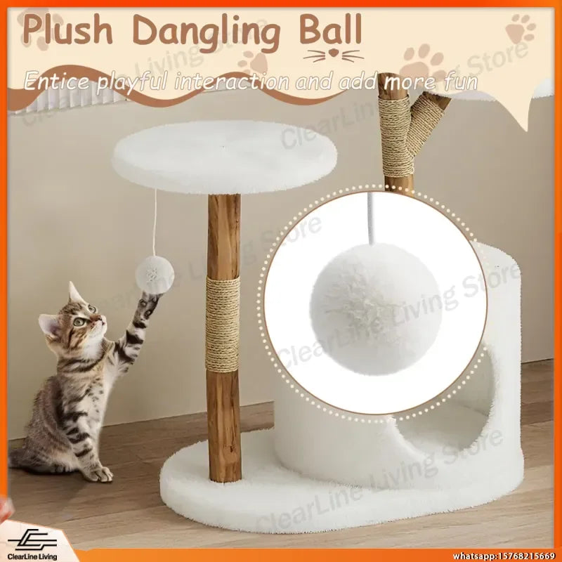 Real Wood Modern Cat Tree Tower with Wicker Condo & Scratching Post