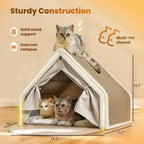 Wooden Cat Cave Bed with Sisal Scratcher & Curtains (All-Season)