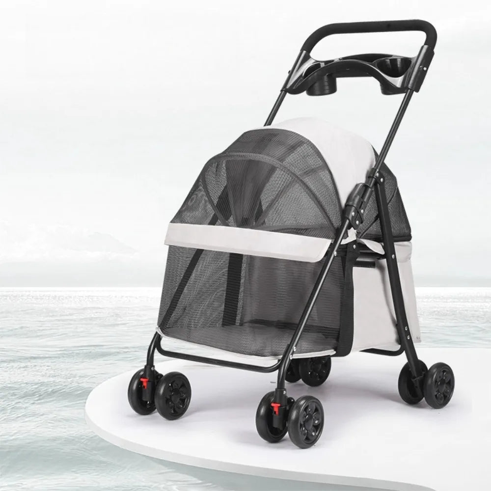 Foldable Pet Stroller for Dogs Cats 4 Wheels Breathable Mesh Dog Carrier with Cup Holder Lightweight Travel Puppy Pushchair
