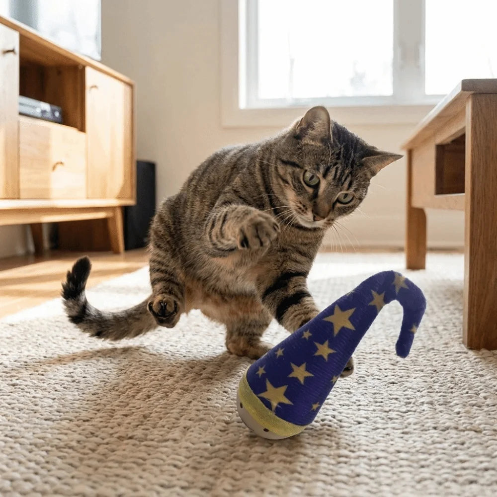 Wood Base Turkey Feather Cat Tumbler Toy — Bite-Resistant Self-Righting Interactive Teeth-Cleaning Teaser