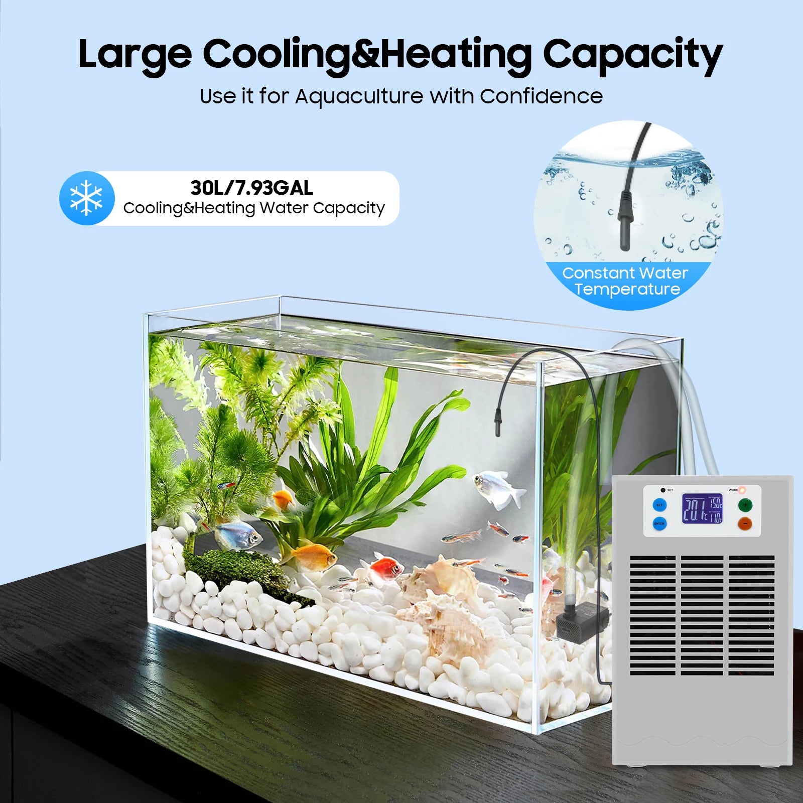 Aquarium Chiller & Heater Cooling Machine (100W, 30L Fish Tank, Dual Temperature Control)