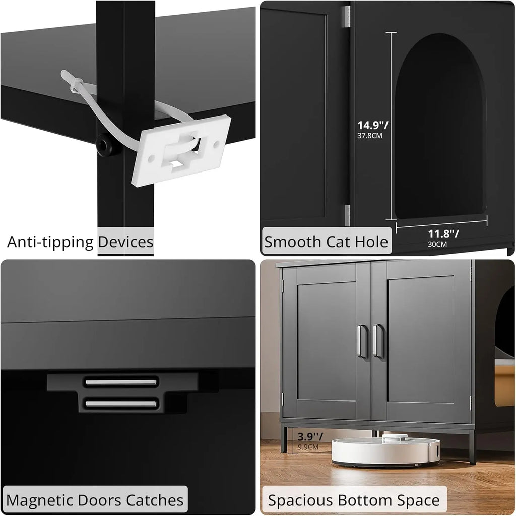 57in Wooden Cat Litter Box Enclosure with Shelves & Hooks (Black)